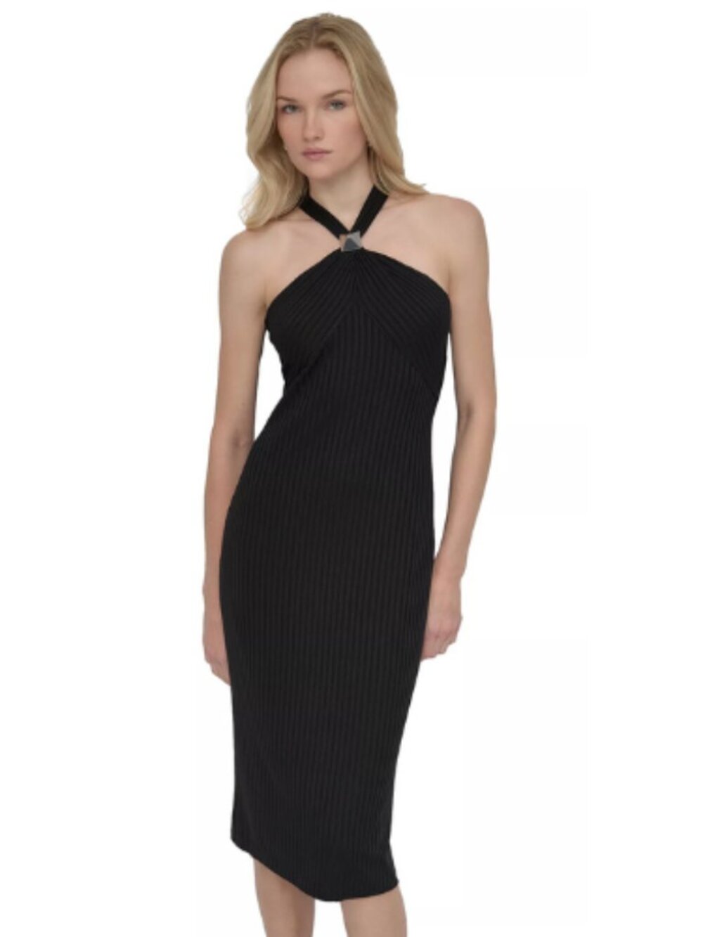 DKNY Donna Karen New York Black Ribbed Halter Neck Midi Dress Size 16